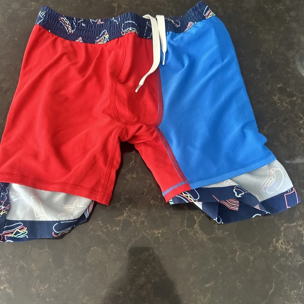 Chubbies Youth Swim Trunks Medium 10/12 USA Neon Hot Dog Burger Navy Blue Liner